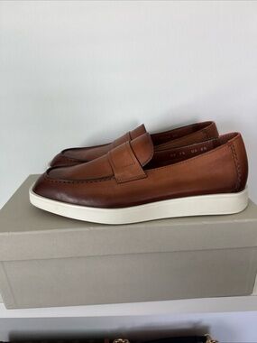 Men's Santoni Brown Leather Slip-On Loafers with White Sole